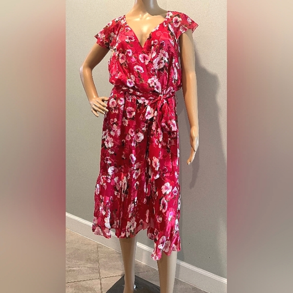 Elie Tahari Primrose Burnout Faux Wrap Dress in Peony Multi Size 16 NWT
